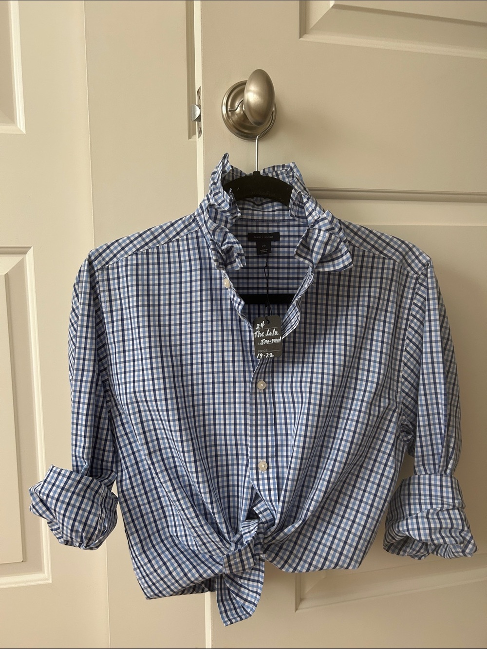 Men’s Blue and White Checked Button-Down Shirt recreated for a woman.
